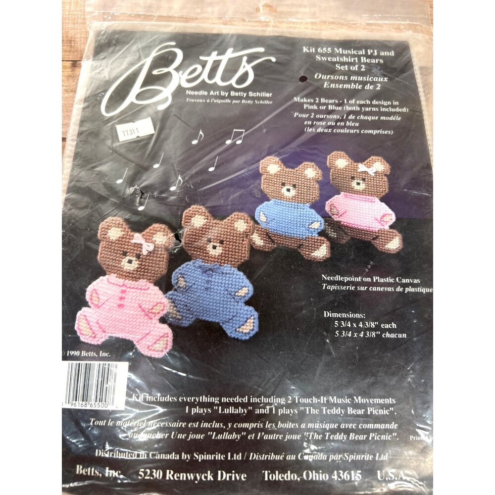 Kit 655 Musical Pj and Sweatshirt Bears Craft Needlepoint Set of 2 Vintage